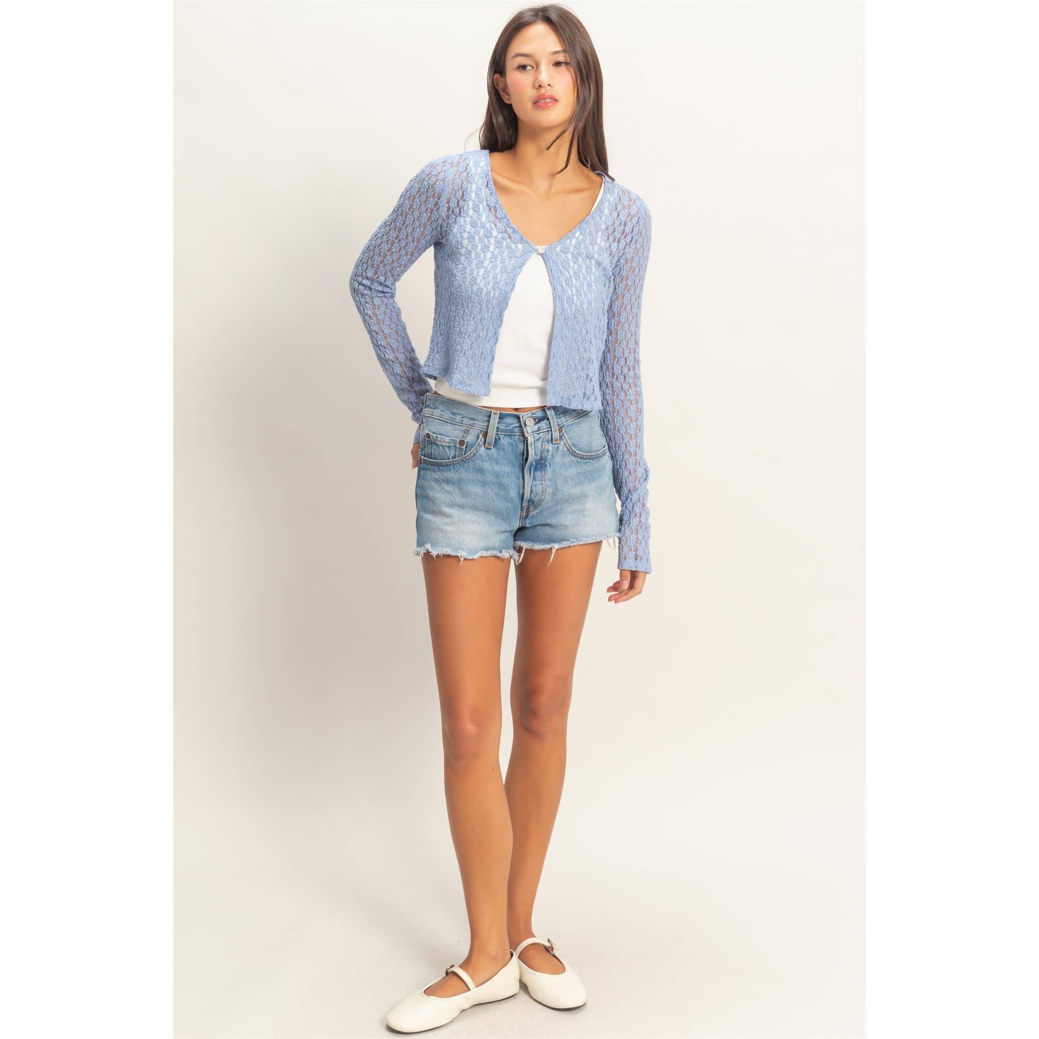 Pearl Button Sheer Pale Blue Lace Cardigan Top | Out on a Limb