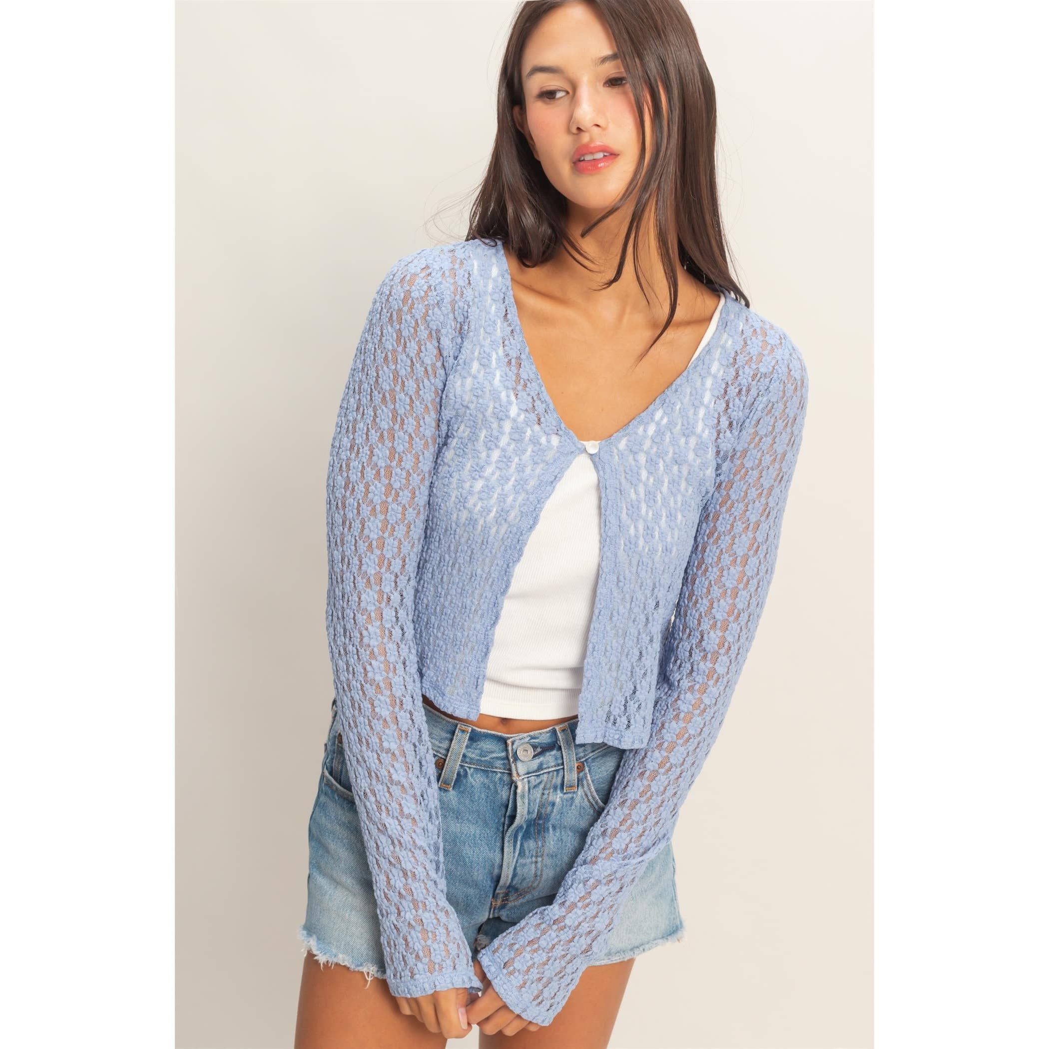Pearl Button Sheer Pale Blue Lace Cardigan Top | Out on a Limb